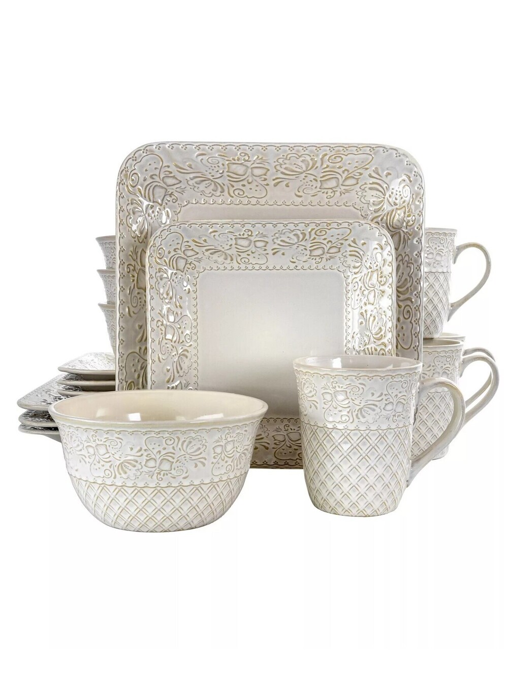 198$ Elama Lotus 16 Pieces Dinnerware Set Service for 4 open white